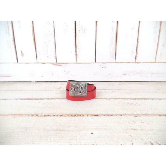90s vintage wide red faux leather silver metal buckle statement belt - Picture 1 of 5